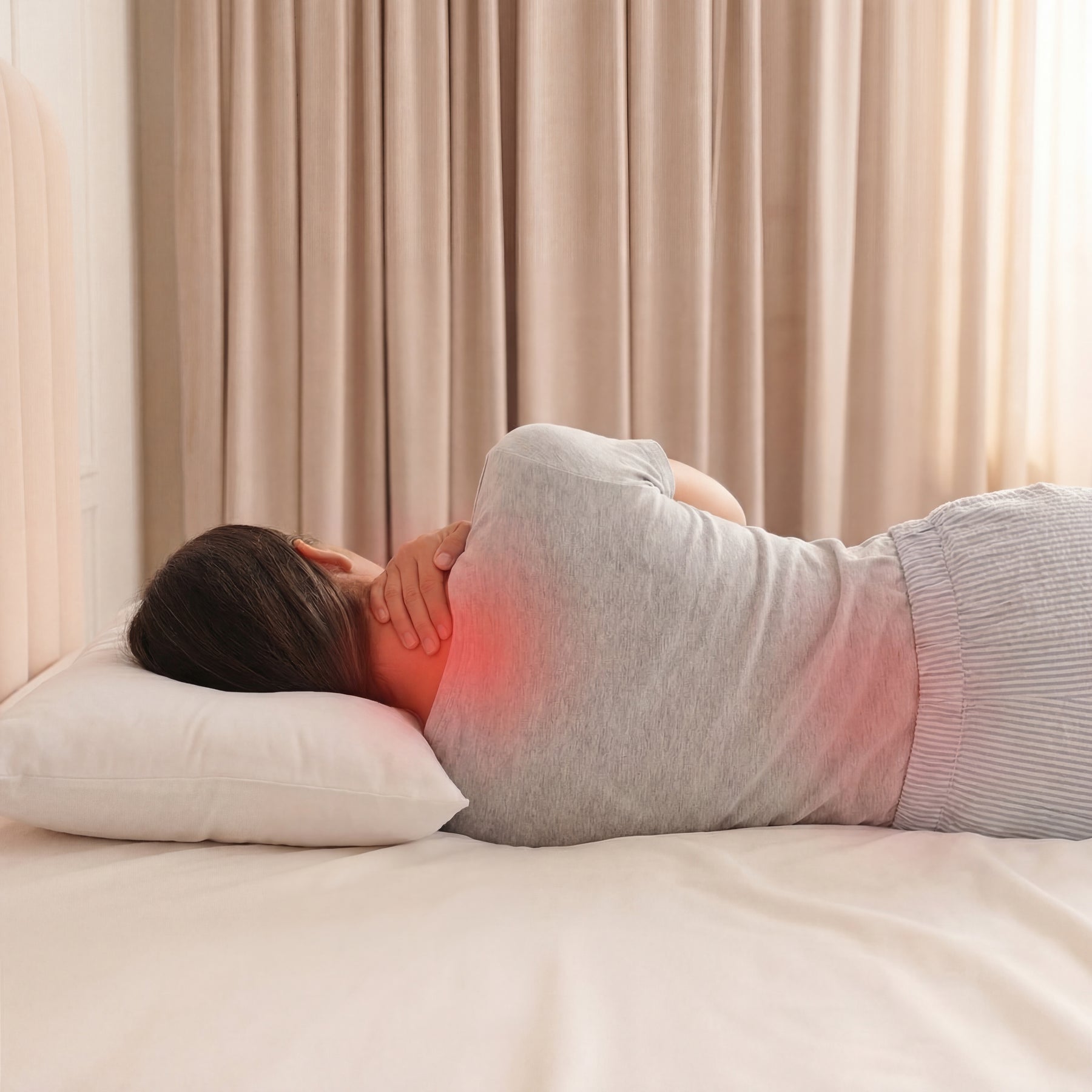 Postura al dormir sin almohada ergonómica, con tensión en el cuello