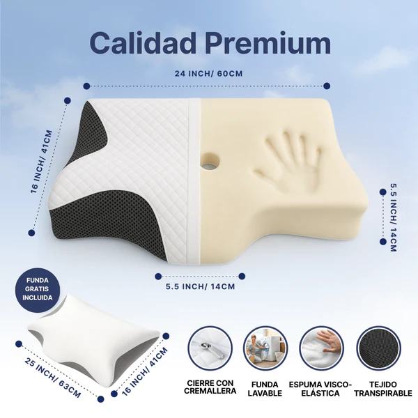 Detalle de la construcción de la almohada: espuma viscoelástica, tejido transpirable y funda con cremallera